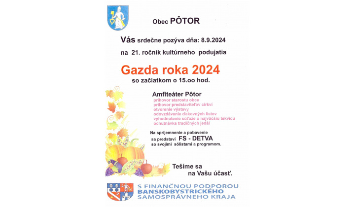 Obec Pôtor srdečne pozýva na tradičné podujatie Gazda roka 2024.