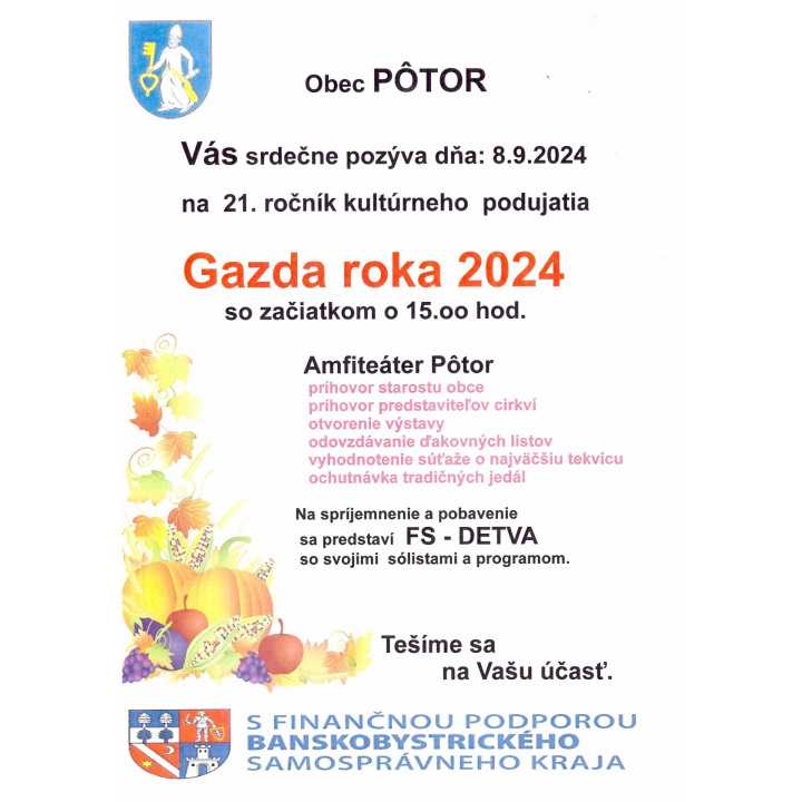 Obec Pôtor srdečne pozýva na tradičné podujatie Gazda roka 2024.